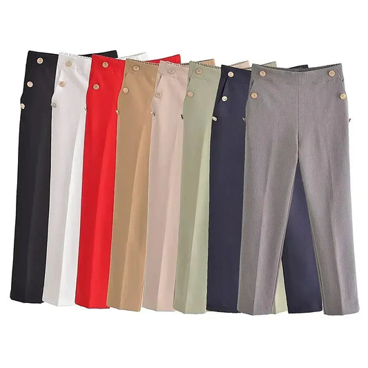 Women New Fashion Breastplate decoration Solid Casual straight Pants Vintage High Waist Side Pockets Female Trousers Mujer