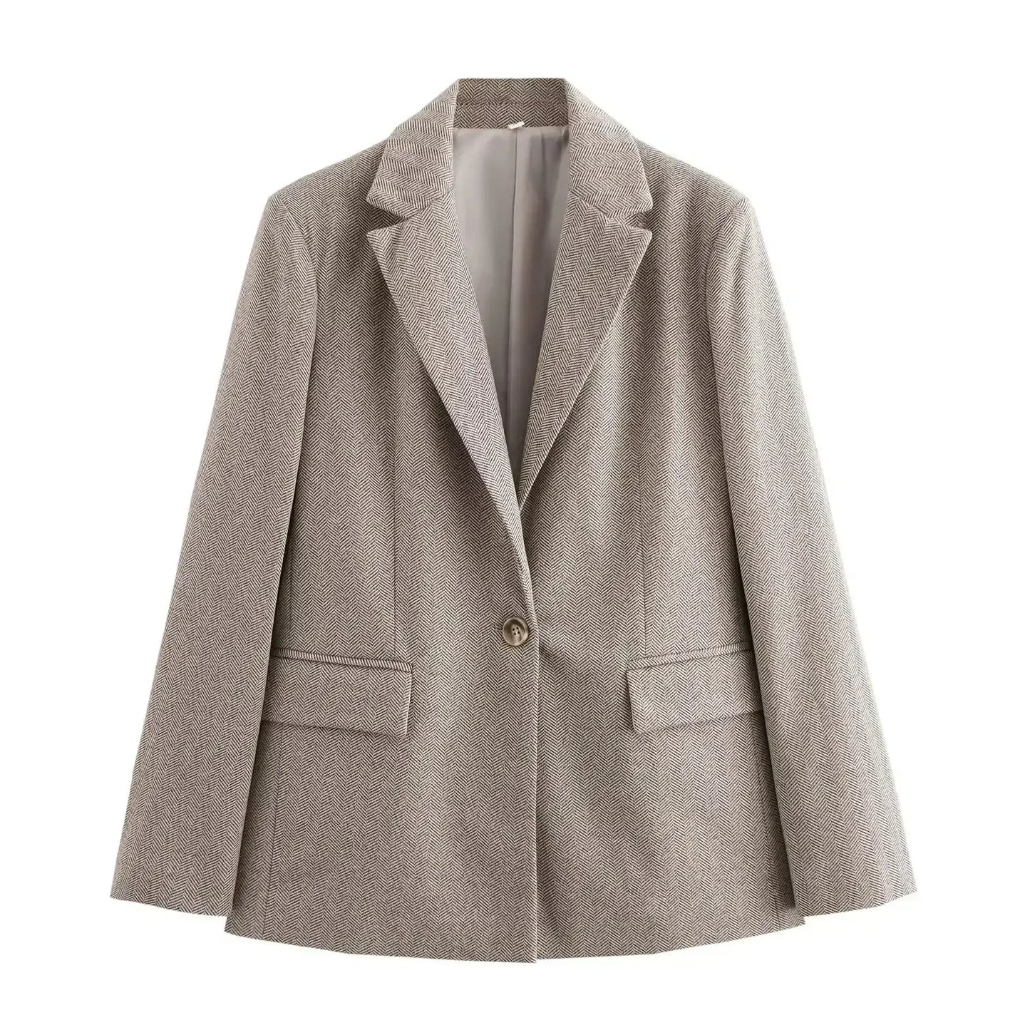 Ladies' 2024 new fashion flip decoration loose herringbone diagonal suit coat retro long sleeved button up women's coat chic top