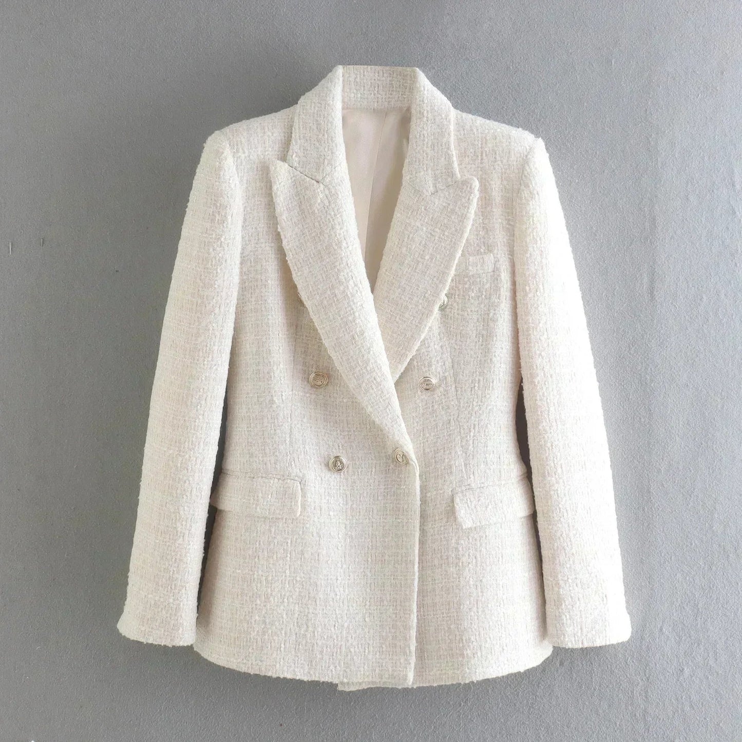 Women 2022 New Fashion Double Breasted Tweed Blazer Coat Vintage Long Sleeve Pockets Female Outerwear Chic