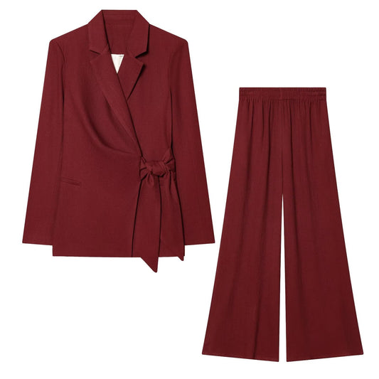 suit Women's 2 pieces casual linen blend lace up Blazer Coat +Pants