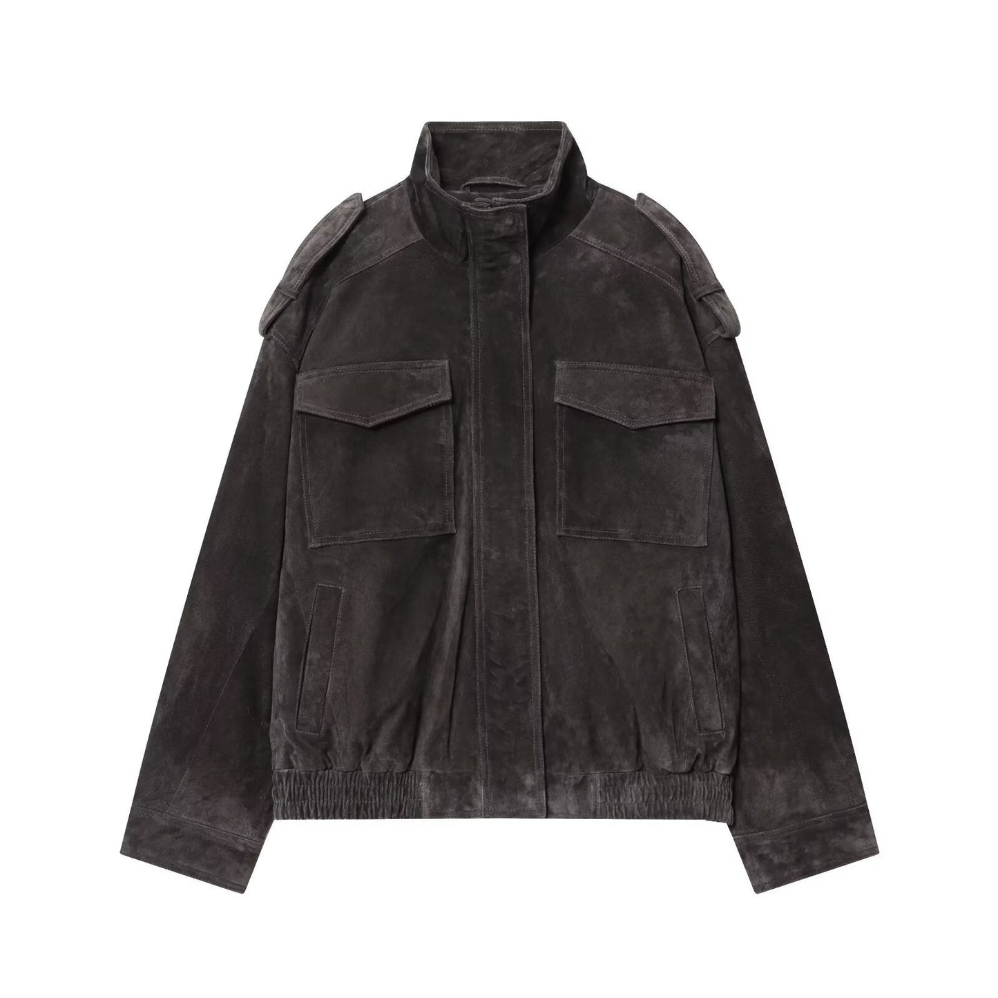 Women's new fashion loose stand collar suede textured leather jacket