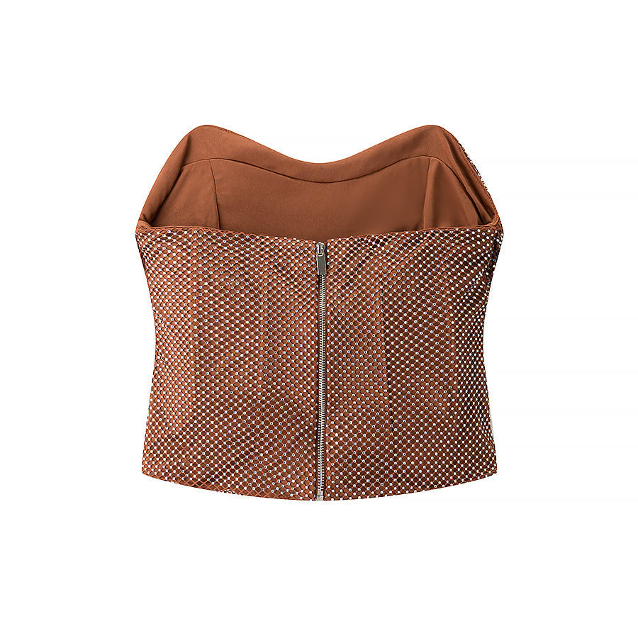 Women's new fashion diamond decorative tube top+mini overskirt suit.