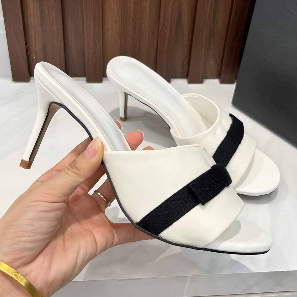 Women's new bow decorative high-heeled slippers have a shoe box