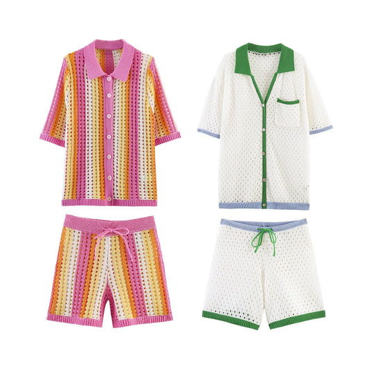 suit Women's 2 pieces hollow striped knitted Coat+Shorts