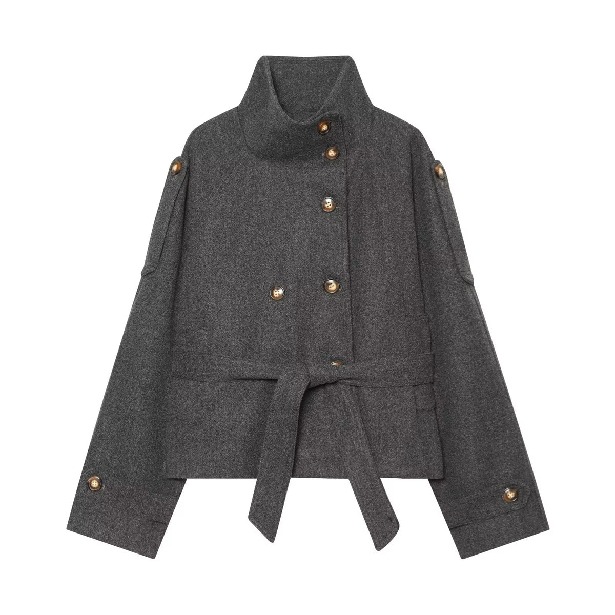 Women's with belt standing collar woolen coat