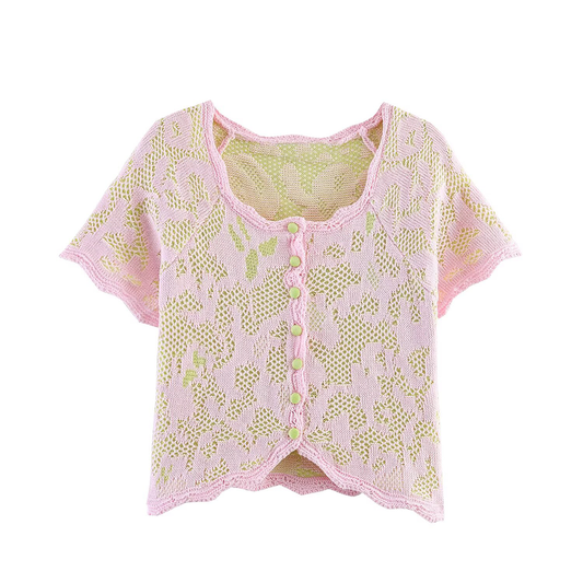 Women's O Neck jacquard short sleeved knitted Coat