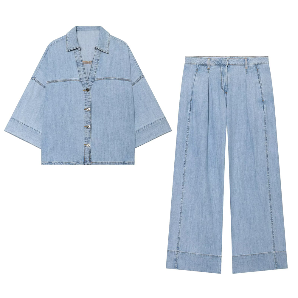 suit Women's 2 pieces wide sleeved denim shirt+wide leg jeans