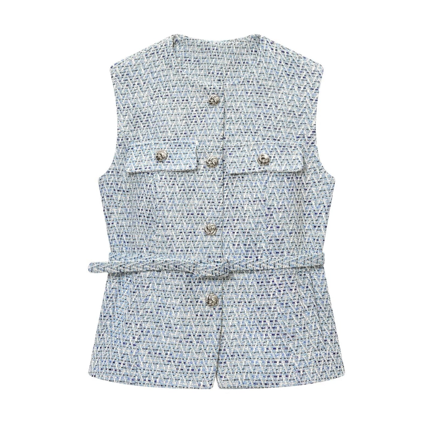 Women's new fashion with Belt bead decoration sleeveless textured vest