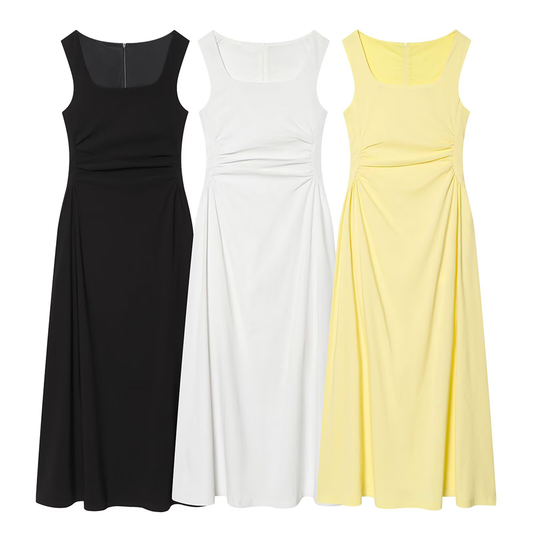 Women's U-neck pleated waist MIDI dress