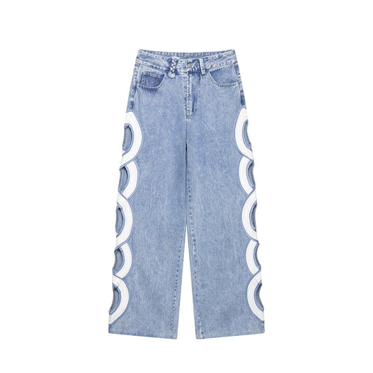 Women's hollow design high waisted straight jeans