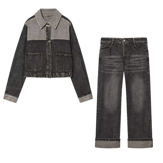 suit Women's 2 pieces patchwork denim jacket Coat+Jeans