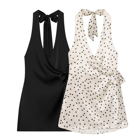 Women's satin textured polka dot halter neck dress