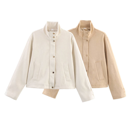Women's new fashion suede textured stand collar jacket Coat