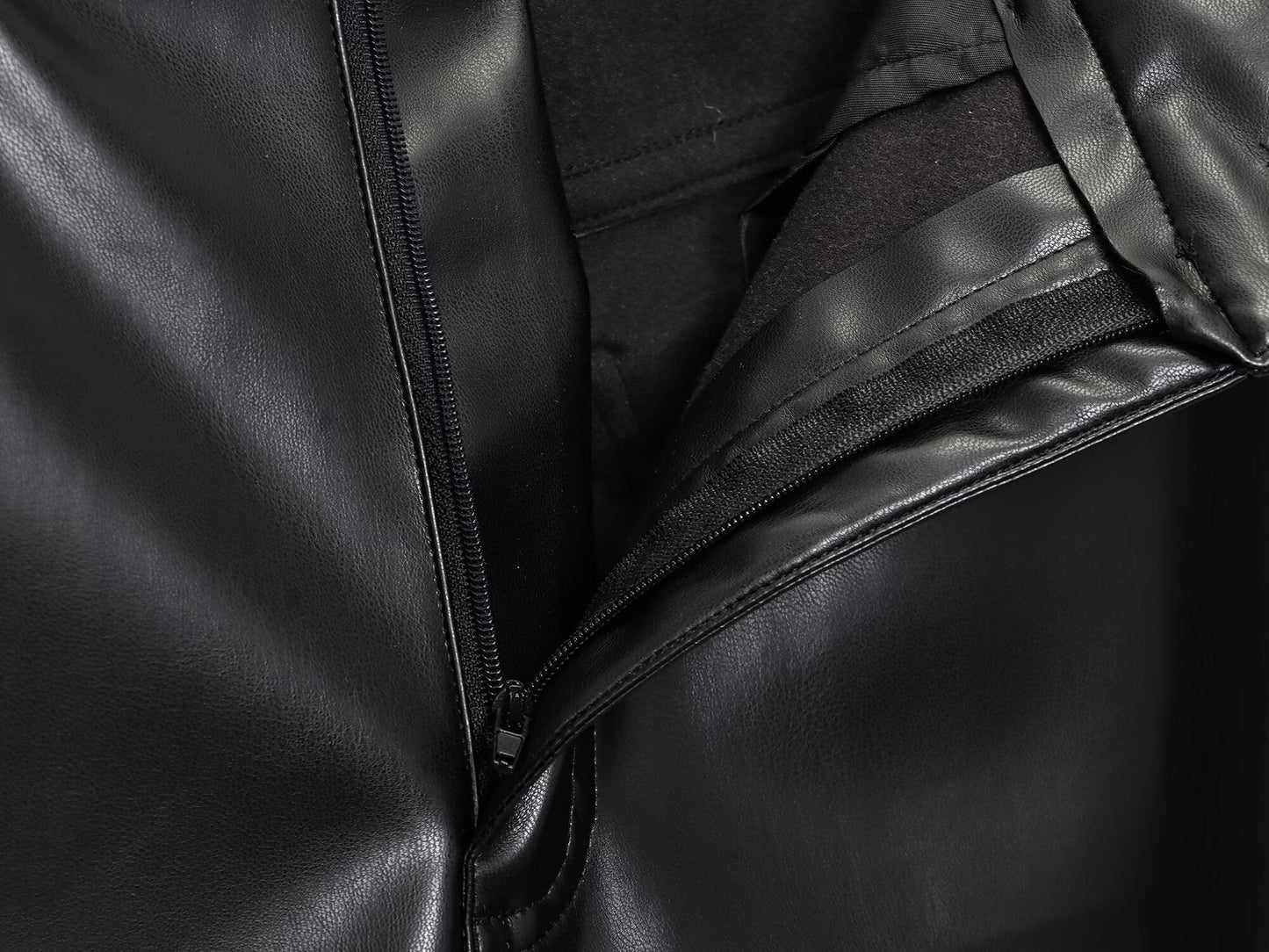 Women's new fashion black stand collar Faux Leather jacket Coat+Pants suit