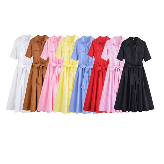 Women's with Belt shirt style poplin striped dress