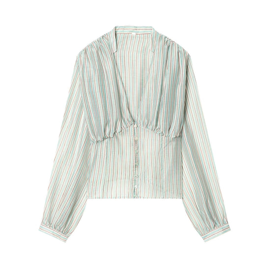 Women's V-neck striped waist cinched shirt