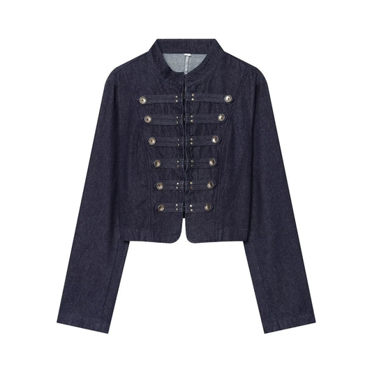 Women's buckle decoration short denim jacket