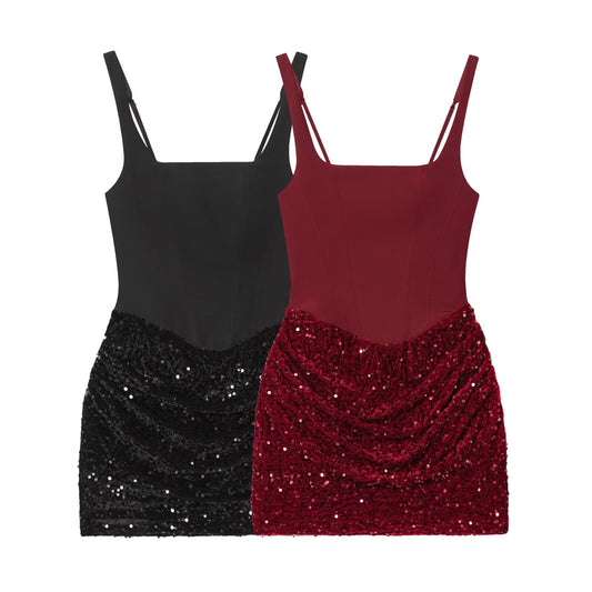 Women's sequin wrapped hip suspender mini dress