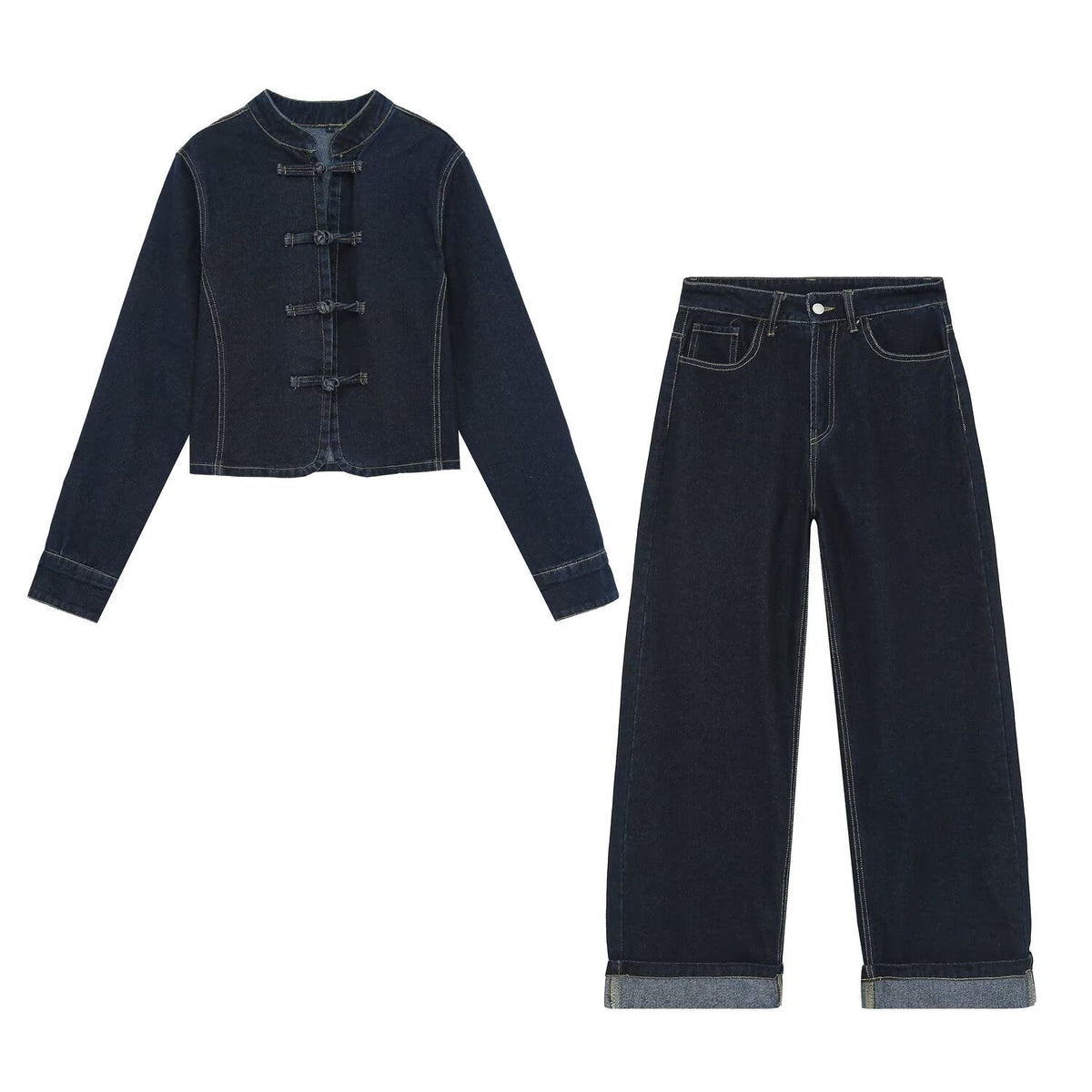 suit Women's 2 pieces slim rope knot buckle denim jacket Coat+jeans