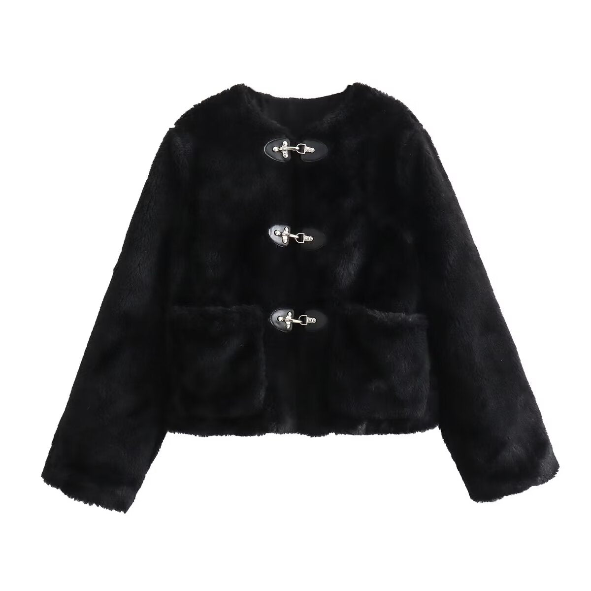 Women's new spring buckle round neck fleece Coat