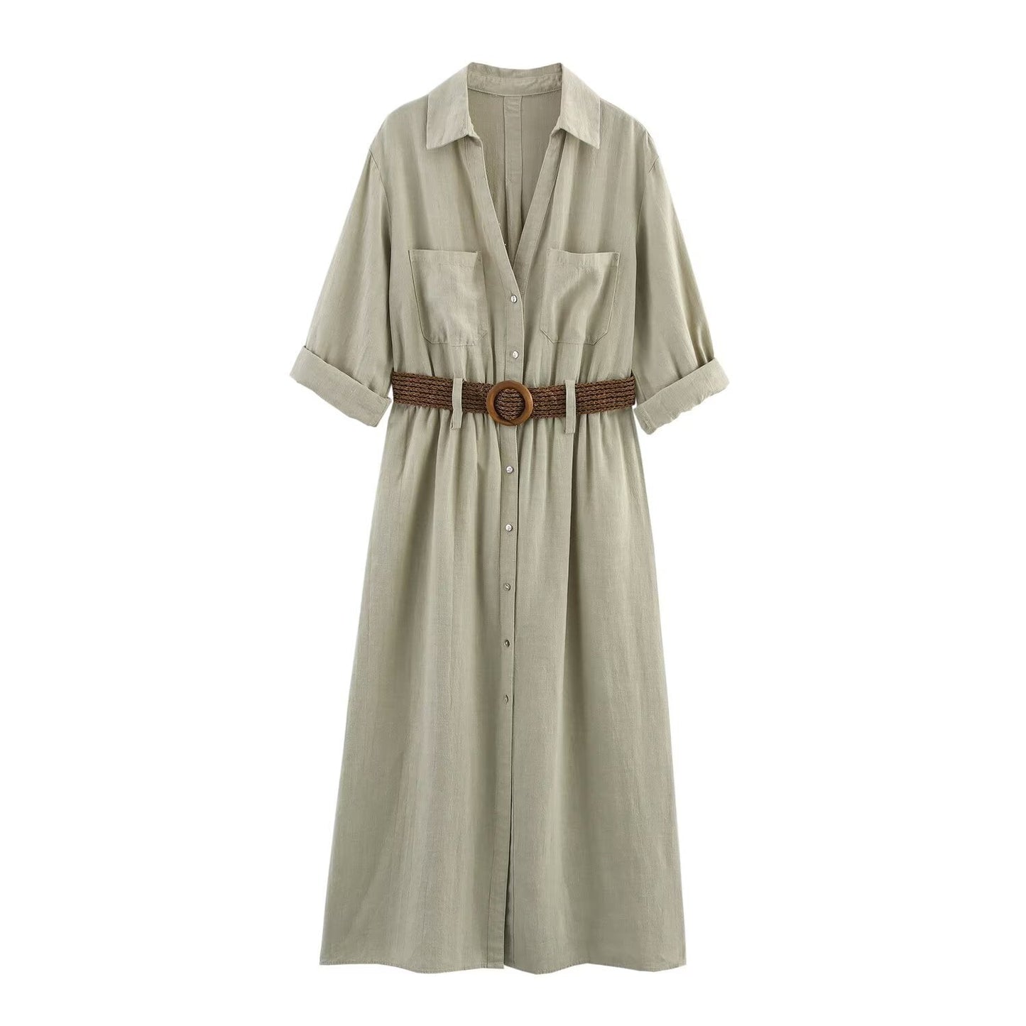 Women's 2025 fashion chic retro women's dress with belt midi skirt