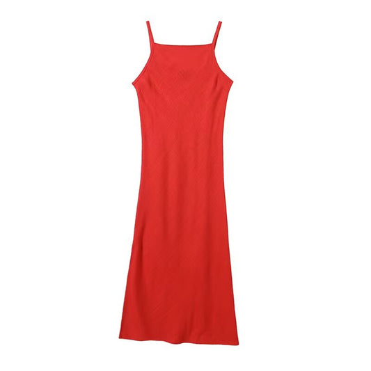 Women's sexy square neck linen suspender MIDI dress