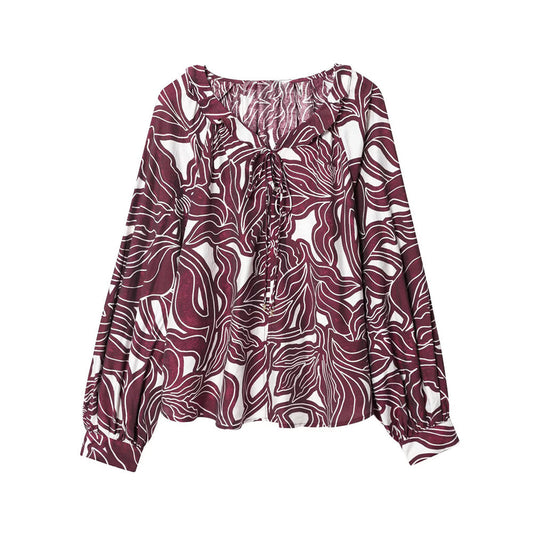 Women's new fashion lace up collar long sleeved printed shirts