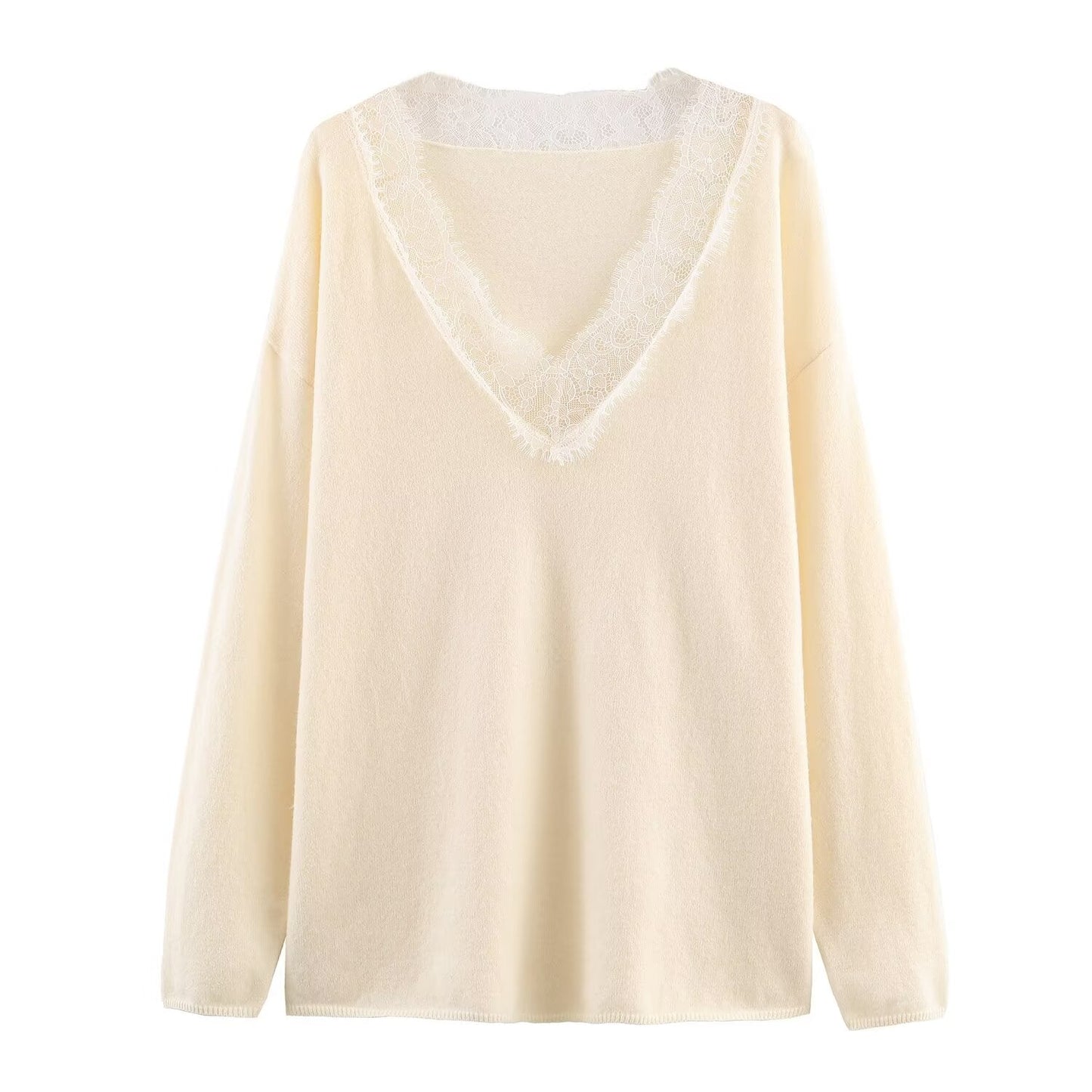 Women's lace decorated loose V-neck knitted sweater