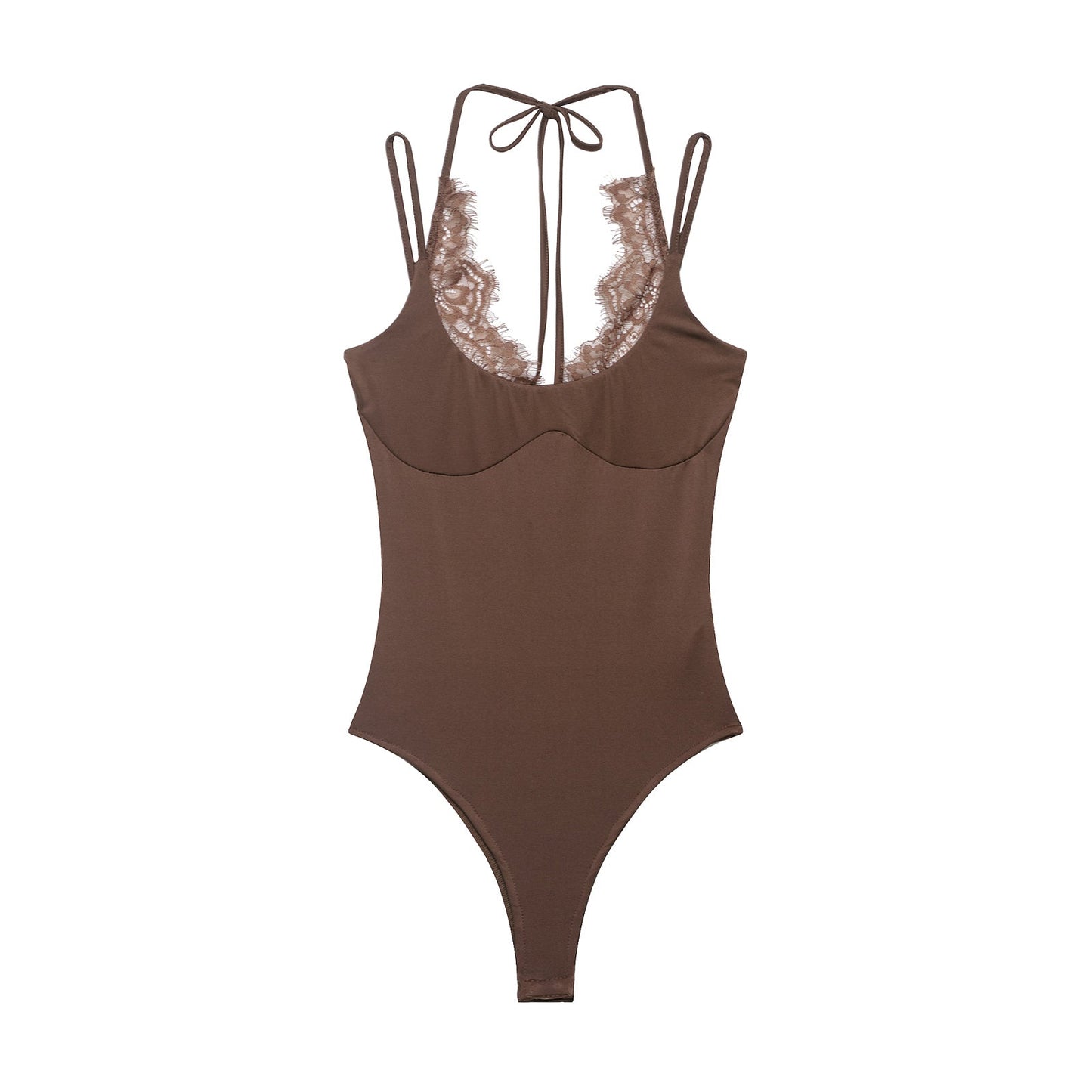 Women's lace patchwork halter neck bodysuit