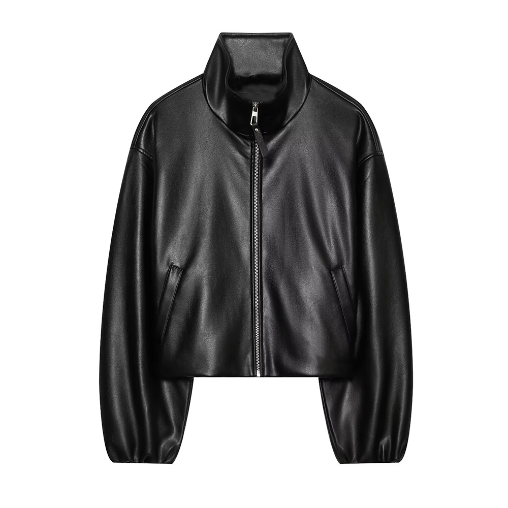 Women's Short Stand Collar Faux Leather Jacket