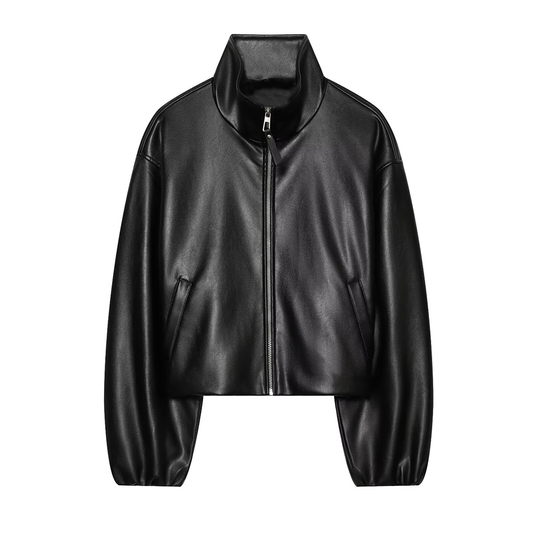 Women's Short Stand Collar Faux Leather Jacket