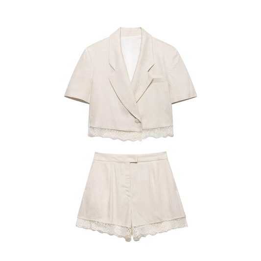 suit Women's 2 pieces lace hem short Blazer Coat+shorts