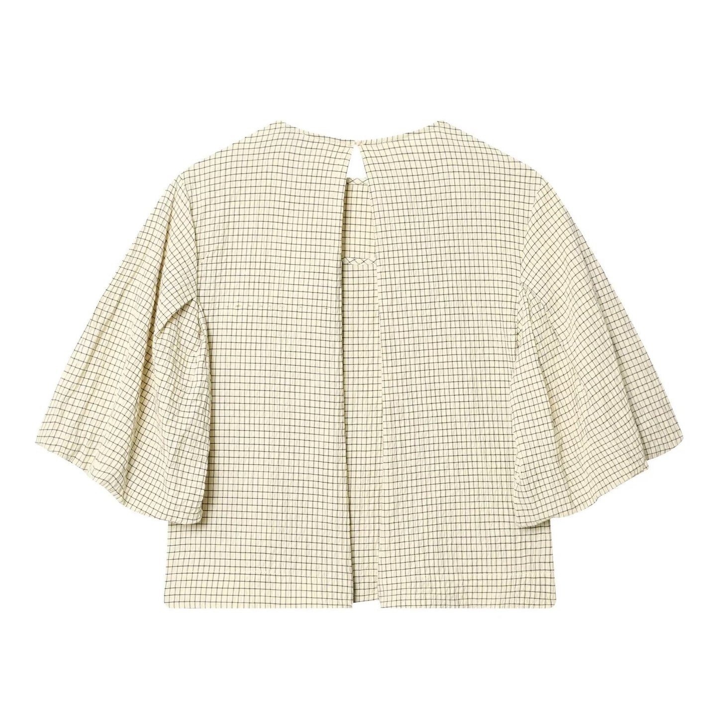 Women's O Neck balloon sleeve checkered top