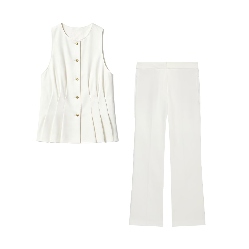 suit Women's 2 pieces pleated decorative slim vest+mini flared pants