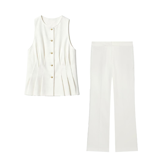 suit Women's 2 pieces pleated decorative slim vest+mini flared pants
