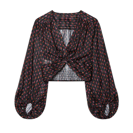 Women's knot decoration V-neck printed top