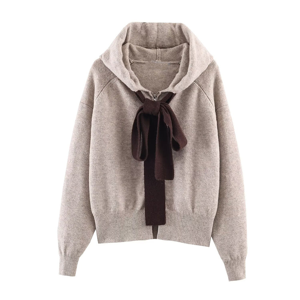 Women's bow decoration knitted hooded Coat