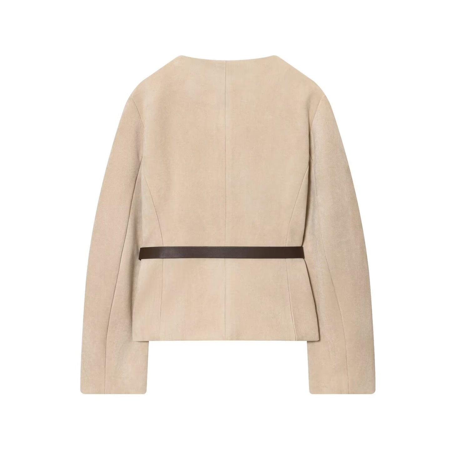 Women's new fashion with Belt suede texture effect O Neck suit jacket