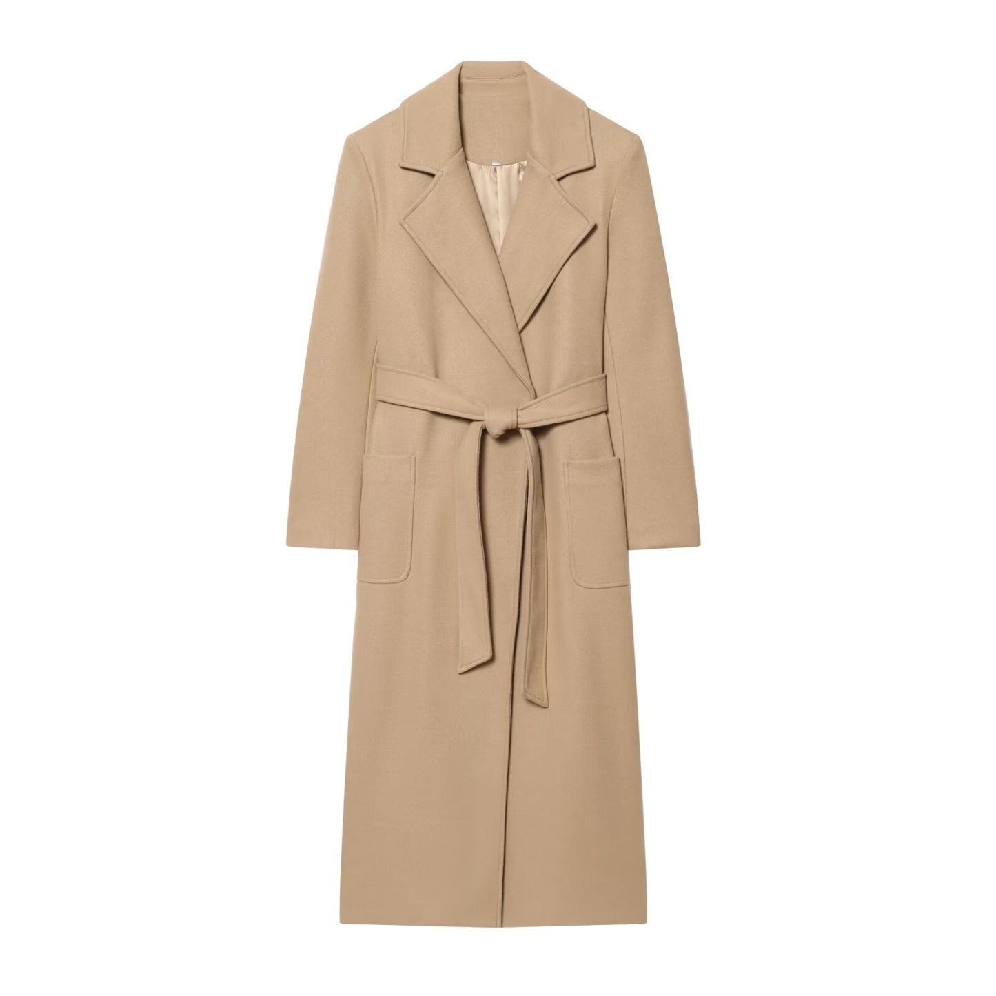 Women's New Fashion With Belt Black Long Style Wool Blended Woolen Coat