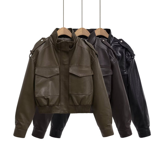 Women's short standing collar Faux Leather jacket Coat