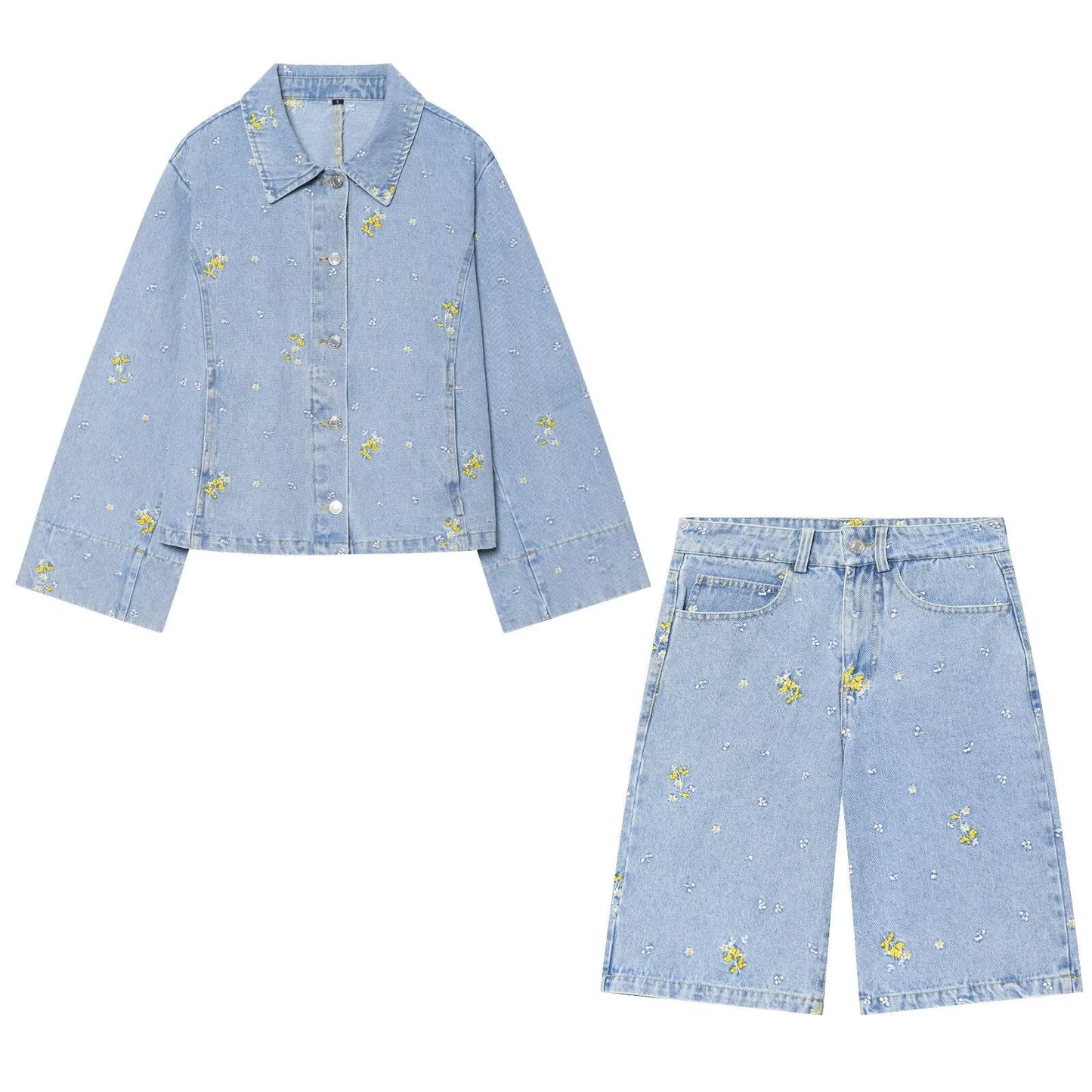 suit Women's 2 pieces flower embroidered denim jacket Coat+Shorts