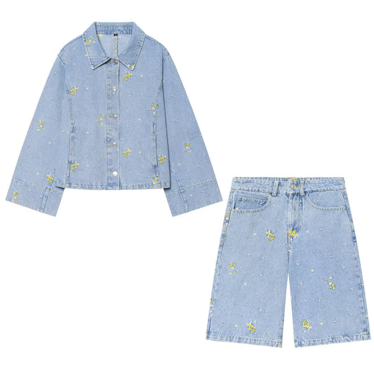 suit Women's 2 pieces flower embroidered denim jacket Coat+Shorts
