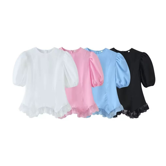 Women's lace patchwork hem short sleeved top