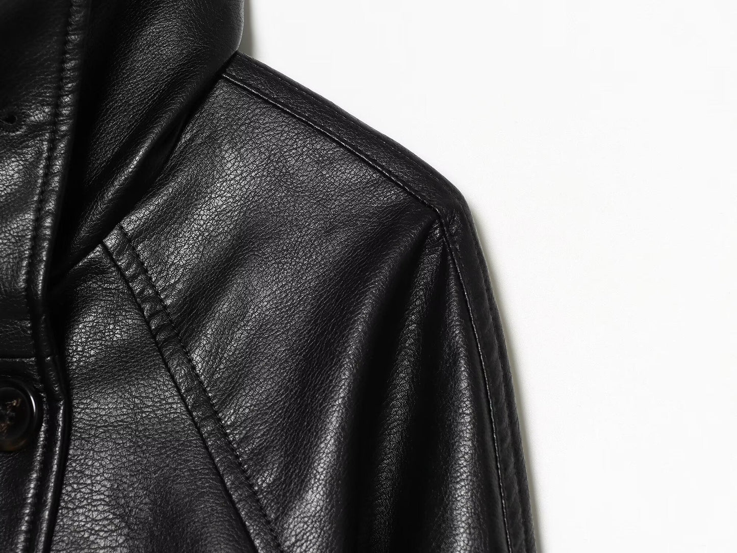 Women's black double breasted Imitation leather jacket