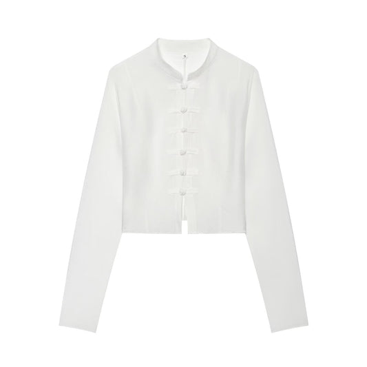 Women's standing collar buckle short top