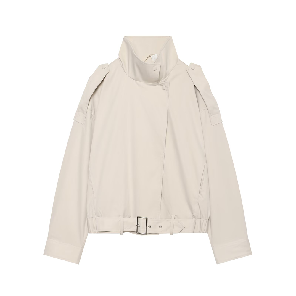 Women's With Belt loose stand collar jacket