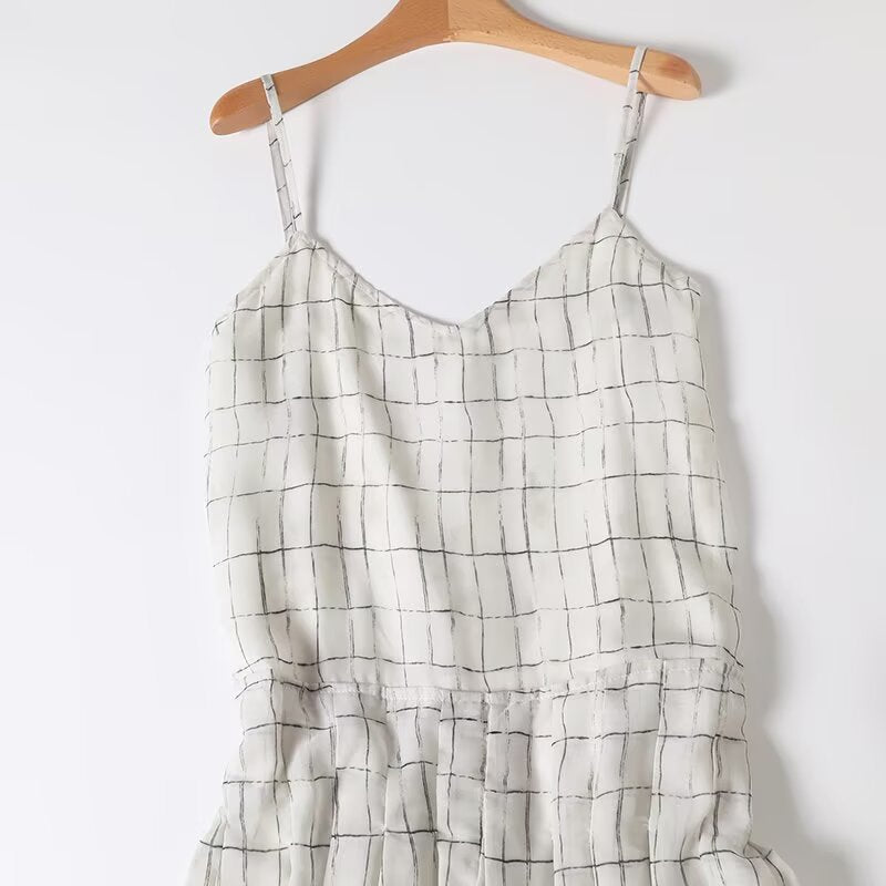 Women's summer fashion vacation style Plaid suspender MIDI dress