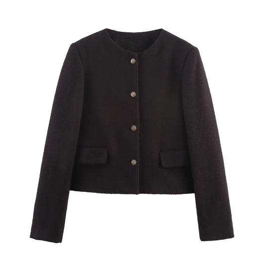 Women's autumn fashion short O Neck Button-up woolen coat