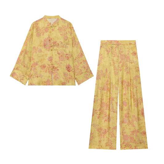 suit Women's 2 pieces Rope knot buckle decorative printed shirt+pants