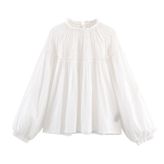 Women's embroidery decoration loose pleated shirt